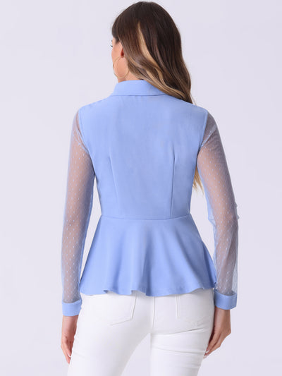 Mesh Sheer Long Sleeve Blouse Turn Down Collar Keyhole Peplum Top