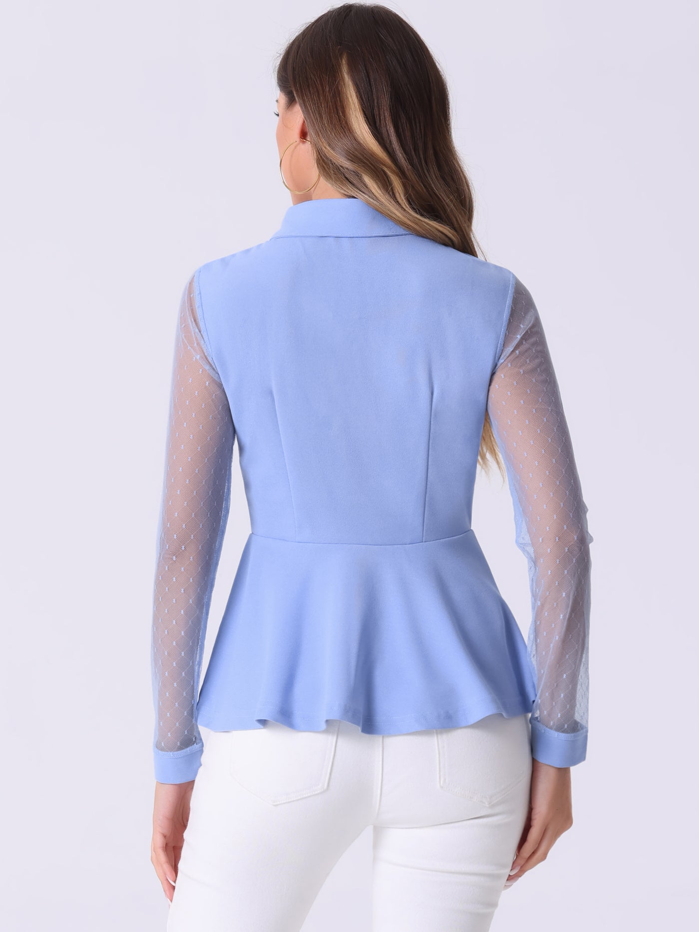 Allegra K Mesh Sheer Long Sleeve Blouse Turn Down Collar Keyhole Peplum Top