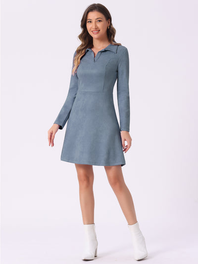 Faux Suede Lapel Neck Valentine's Day Long Sleeve A-Line Dress