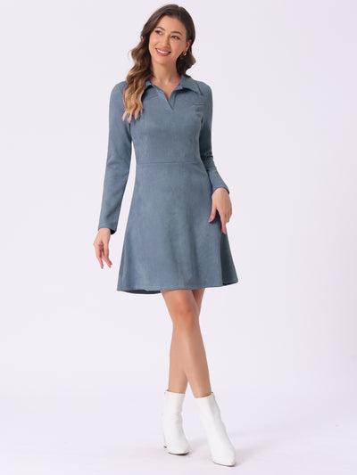 Faux Suede Lapel Neck Valentine's Day Long Sleeve A-Line Dress