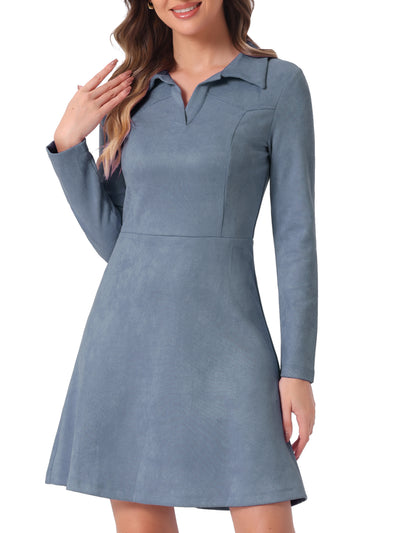 Faux Suede Lapel Neck Valentine's Day Long Sleeve A-Line Dress