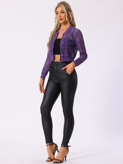 Stand Collar Zip Up Mesh Sheer Lace Crop Bomber Jacket