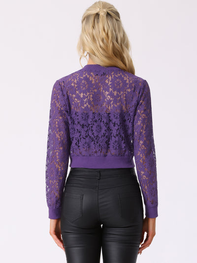 Stand Collar Zip Up Mesh Sheer Lace Crop Bomber Jacket