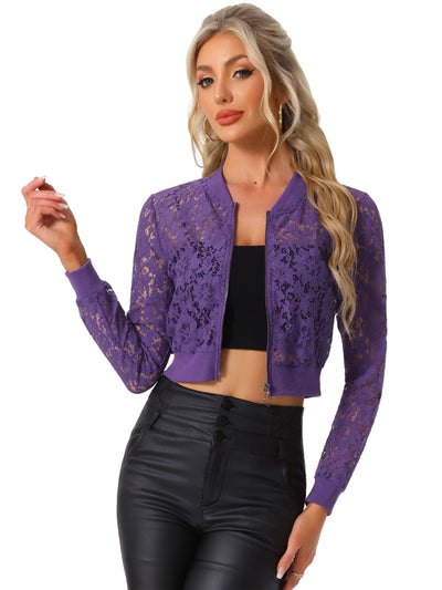 Stand Collar Zip Up Mesh Sheer Lace Crop Bomber Jacket