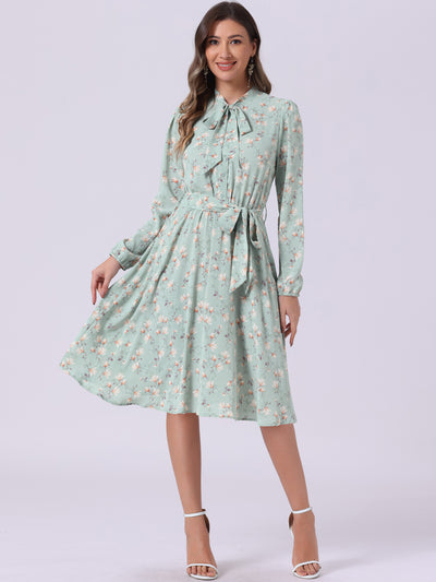 Tie Neck Chiffon Long Sleeve Belted Vintage Floral Dress