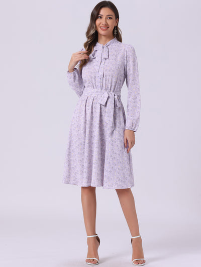 Tie Neck Chiffon Long Sleeve Belted Vintage Floral Dress