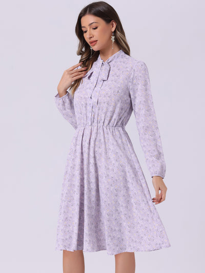 Tie Neck Chiffon Long Sleeve Belted Vintage Floral Dress