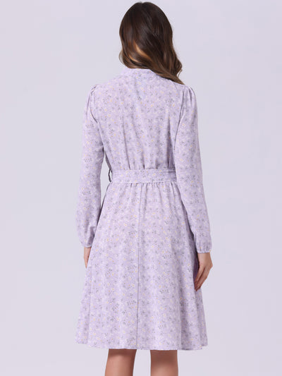 Tie Neck Chiffon Long Sleeve Belted Vintage Floral Dress