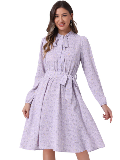 Tie Neck Chiffon Long Sleeve Belted Vintage Floral Dress