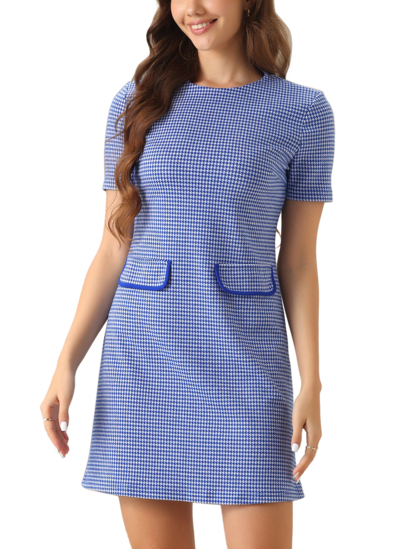 Allegra K Work Short Sleeve Vintage Houndstooth Pencil Sheath Dress