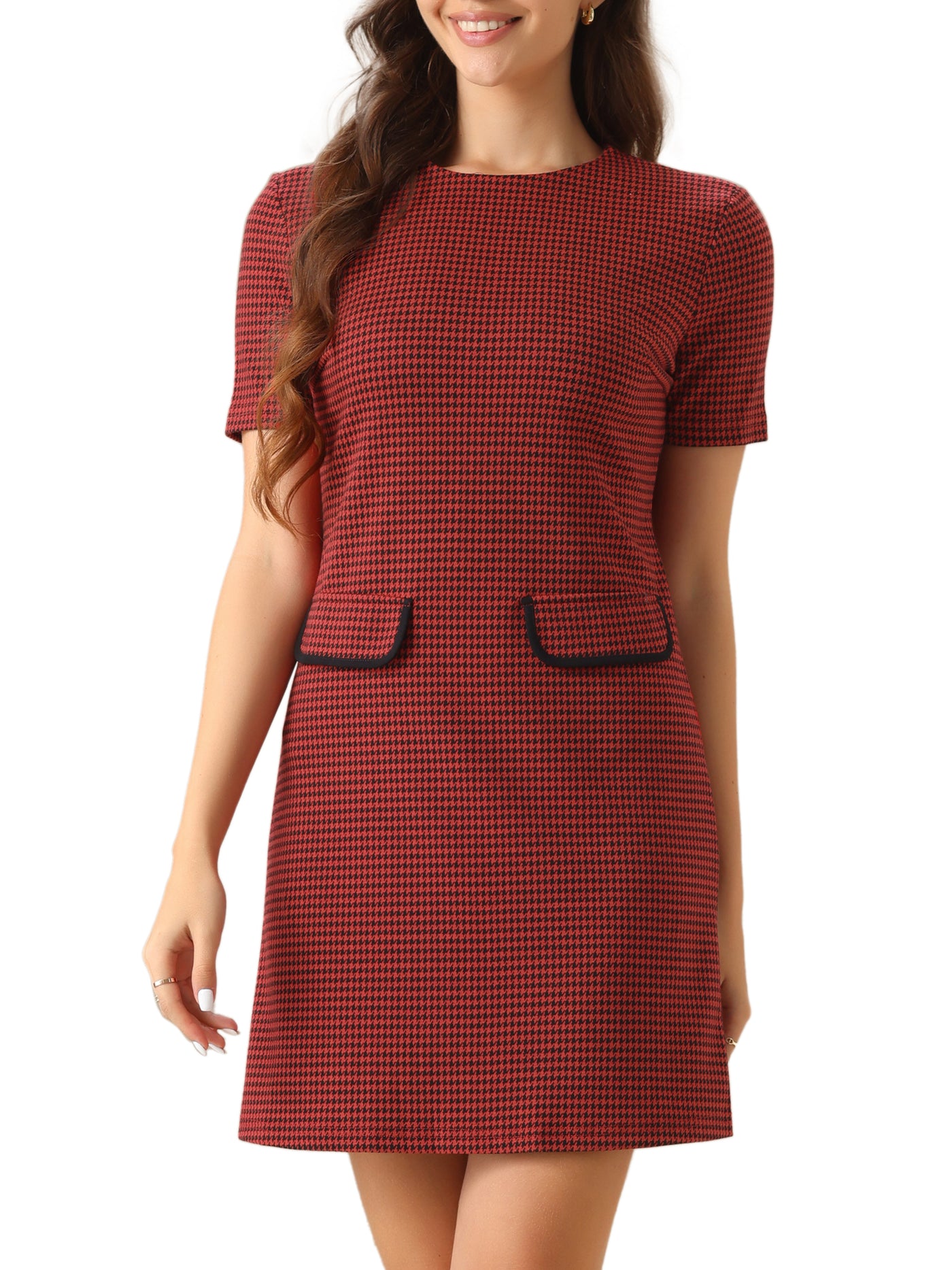 Allegra K Work Short Sleeve Vintage Houndstooth Pencil Sheath Dress