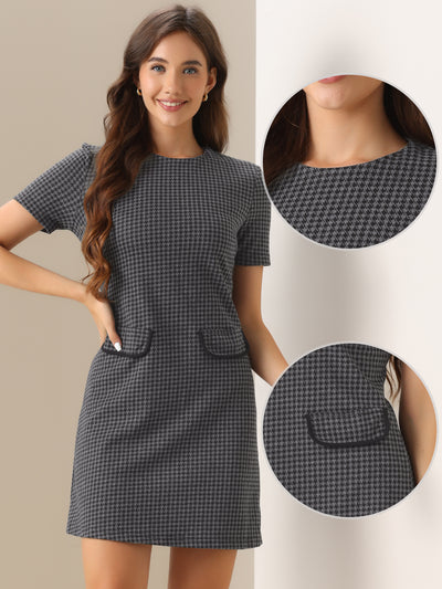 Work Short Sleeve Vintage Houndstooth Pencil Sheath Dress