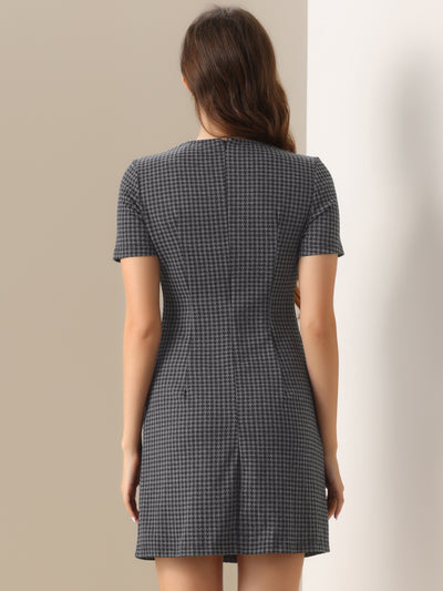 Work Short Sleeve Vintage Houndstooth Pencil Sheath Dress