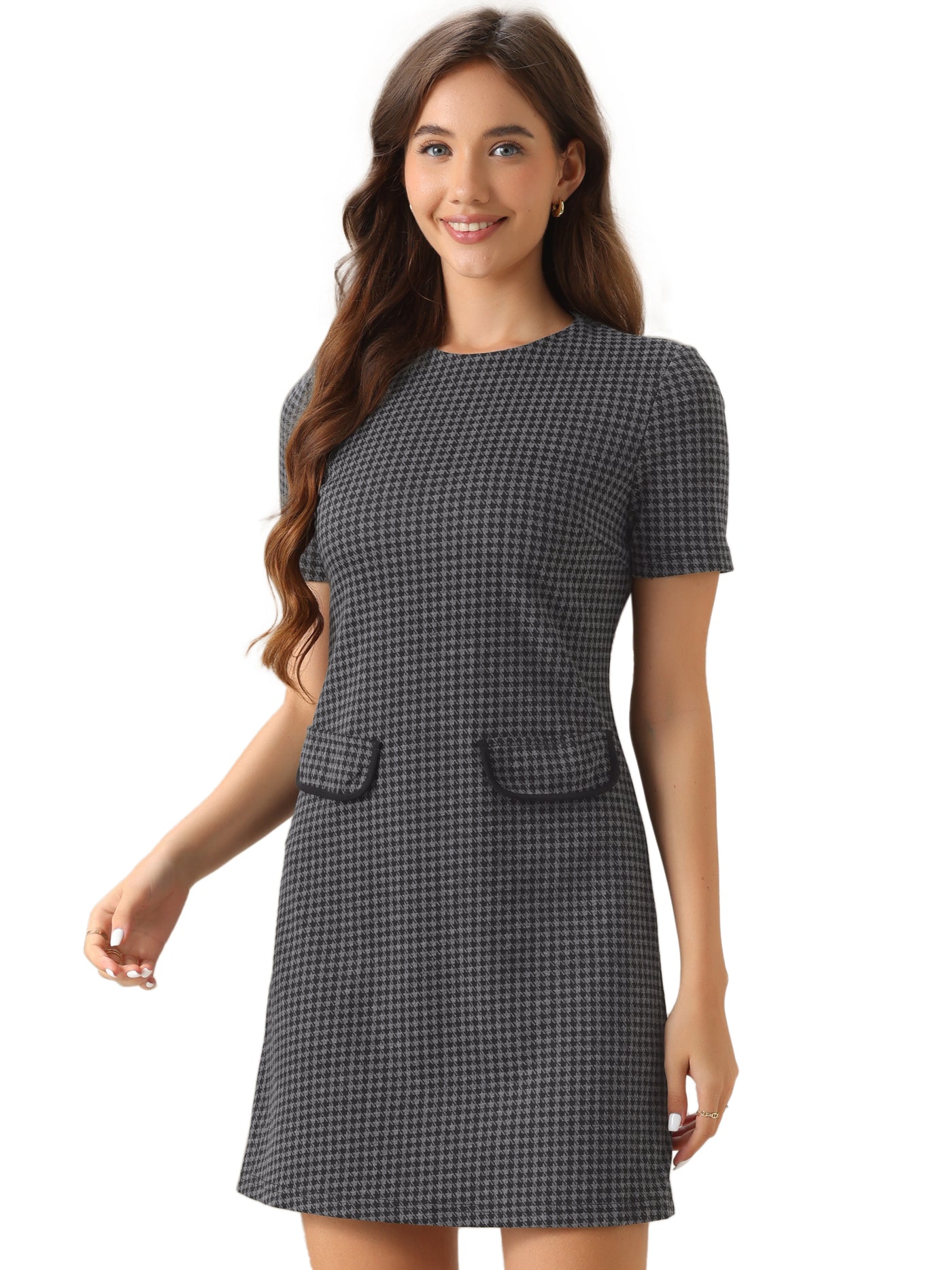 Allegra K Work Short Sleeve Vintage Houndstooth Pencil Sheath Dress