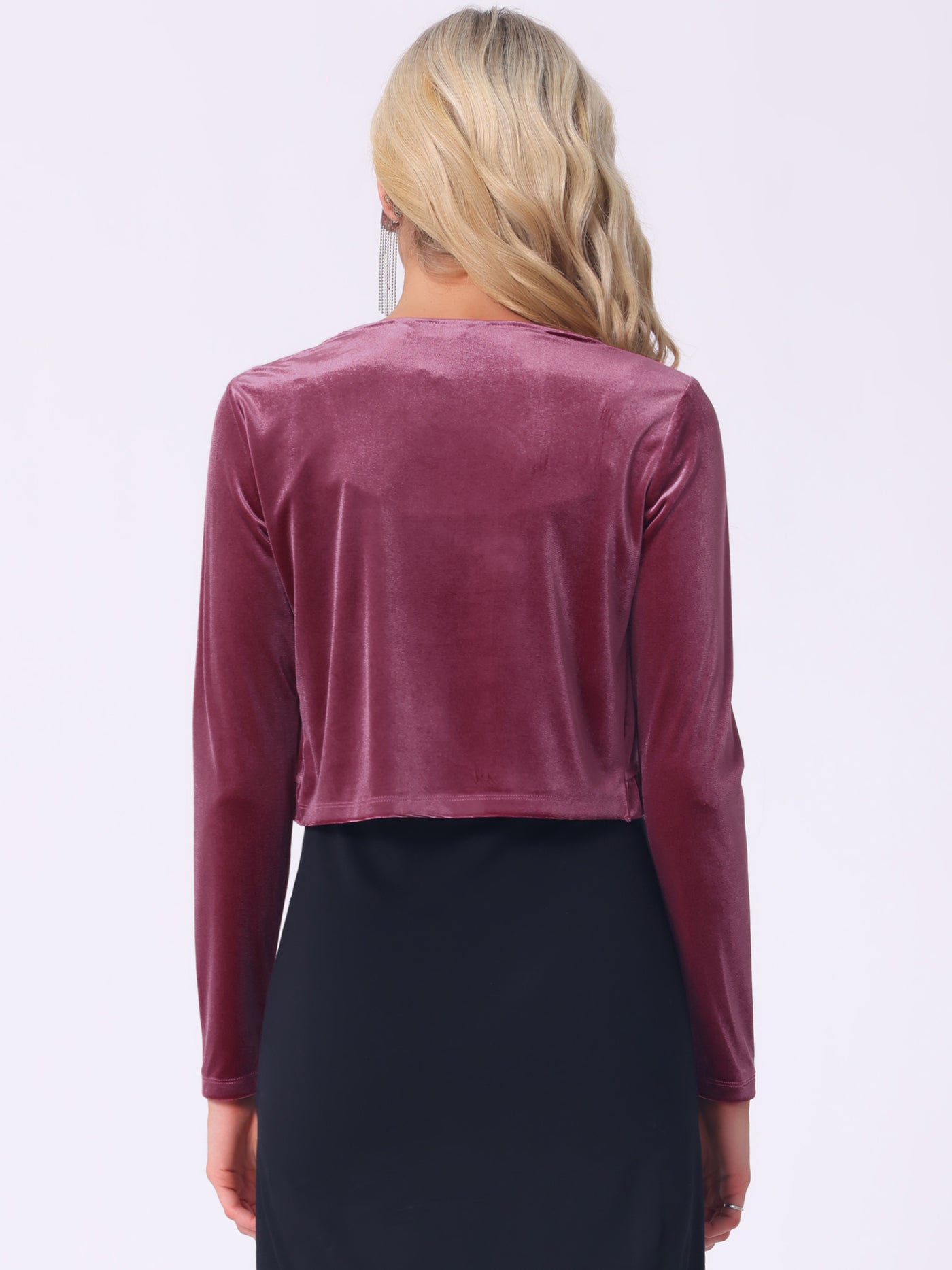 Allegra K Cocktail Party Open Front Cardigan Long Sleeve Cropped Velvet Shrug