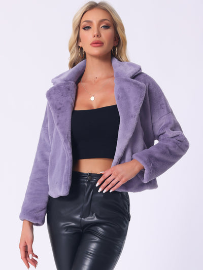 Allegra K Cropped Jacket Notch Lapel Faux Fur Fluffy Coat