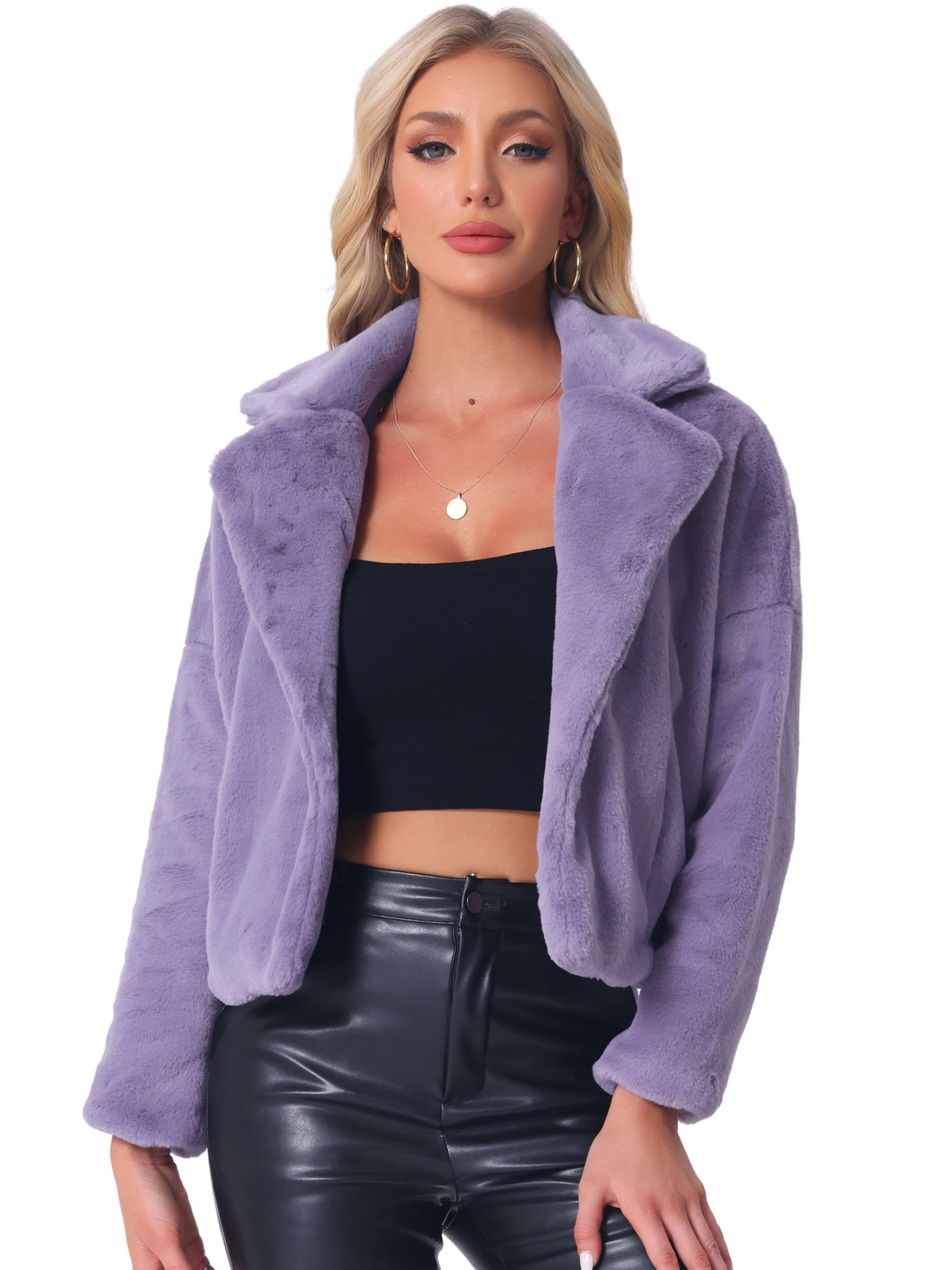 Allegra K Allegra K Cropped Jacket Notch Lapel Faux Fur Fluffy Coat