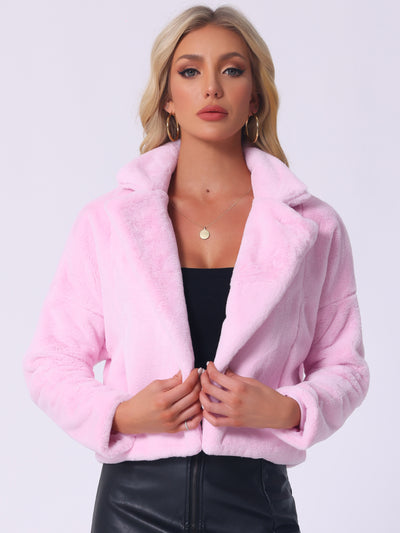 Allegra K Cropped Jacket Notch Lapel Faux Fur Fluffy Coat