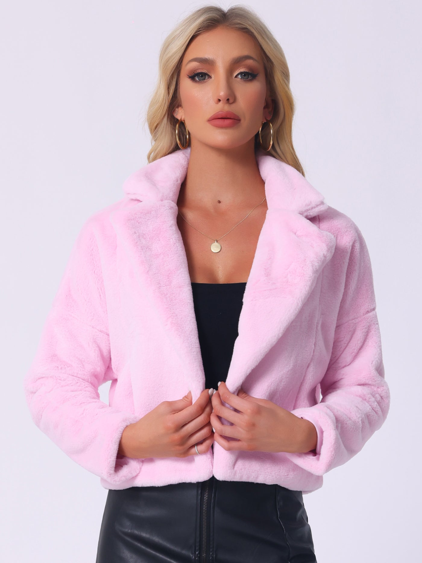 Allegra K Allegra K Cropped Jacket Notch Lapel Faux Fur Fluffy Coat