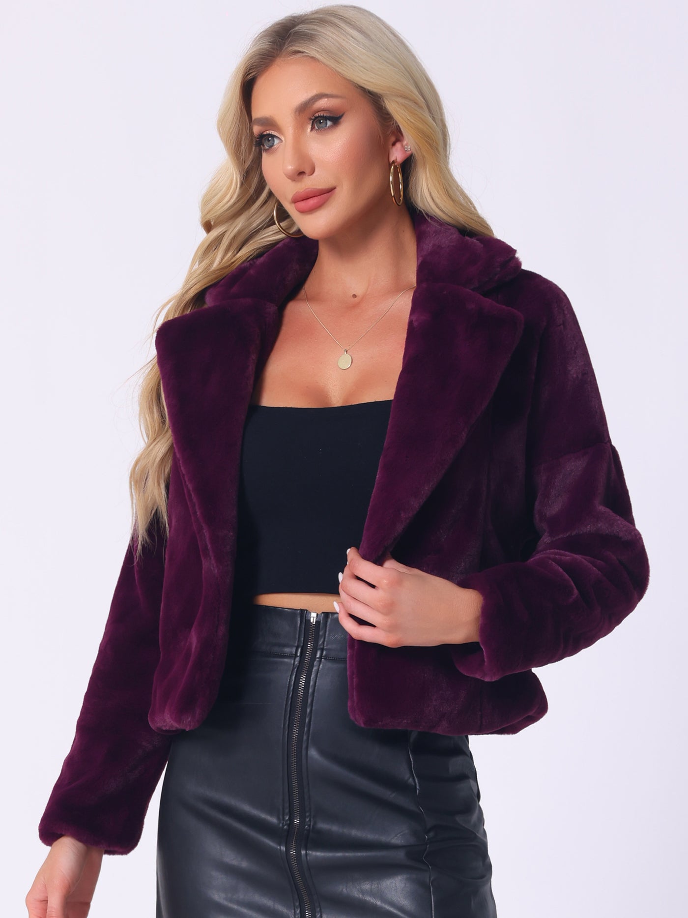 Allegra K Allegra K Cropped Jacket Notch Lapel Faux Fur Fluffy Coat