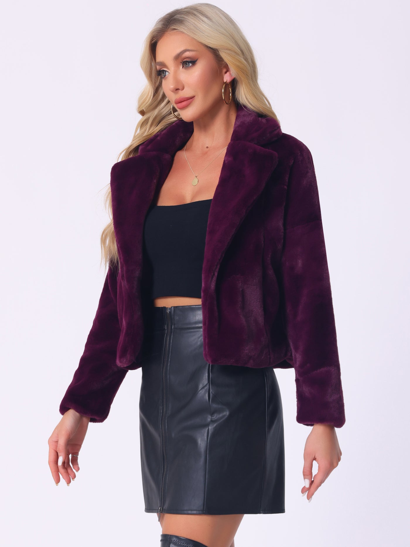 Allegra K Allegra K Cropped Jacket Notch Lapel Faux Fur Fluffy Coat