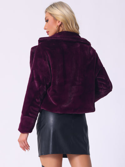 Allegra K Cropped Jacket Notch Lapel Faux Fur Fluffy Coat