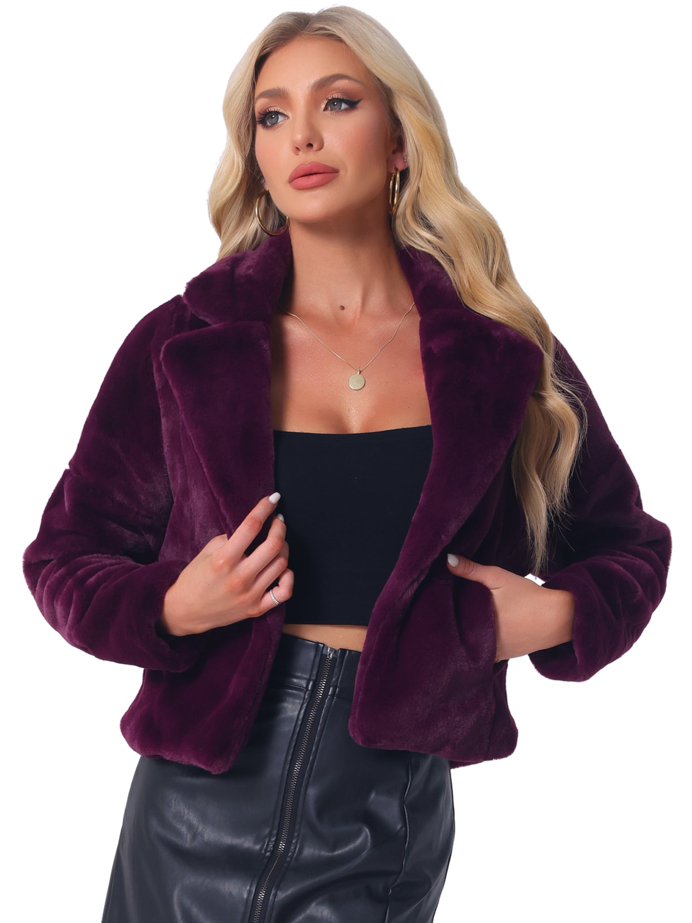 Allegra K Allegra K Cropped Jacket Notch Lapel Faux Fur Fluffy Coat