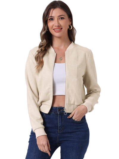 Faux Suede Crop Stand Collar Zip Up Biker Moto Bomber Jackets