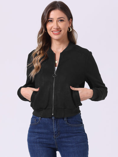 Faux Suede Crop Stand Collar Zip Up Biker Moto Bomber Jackets