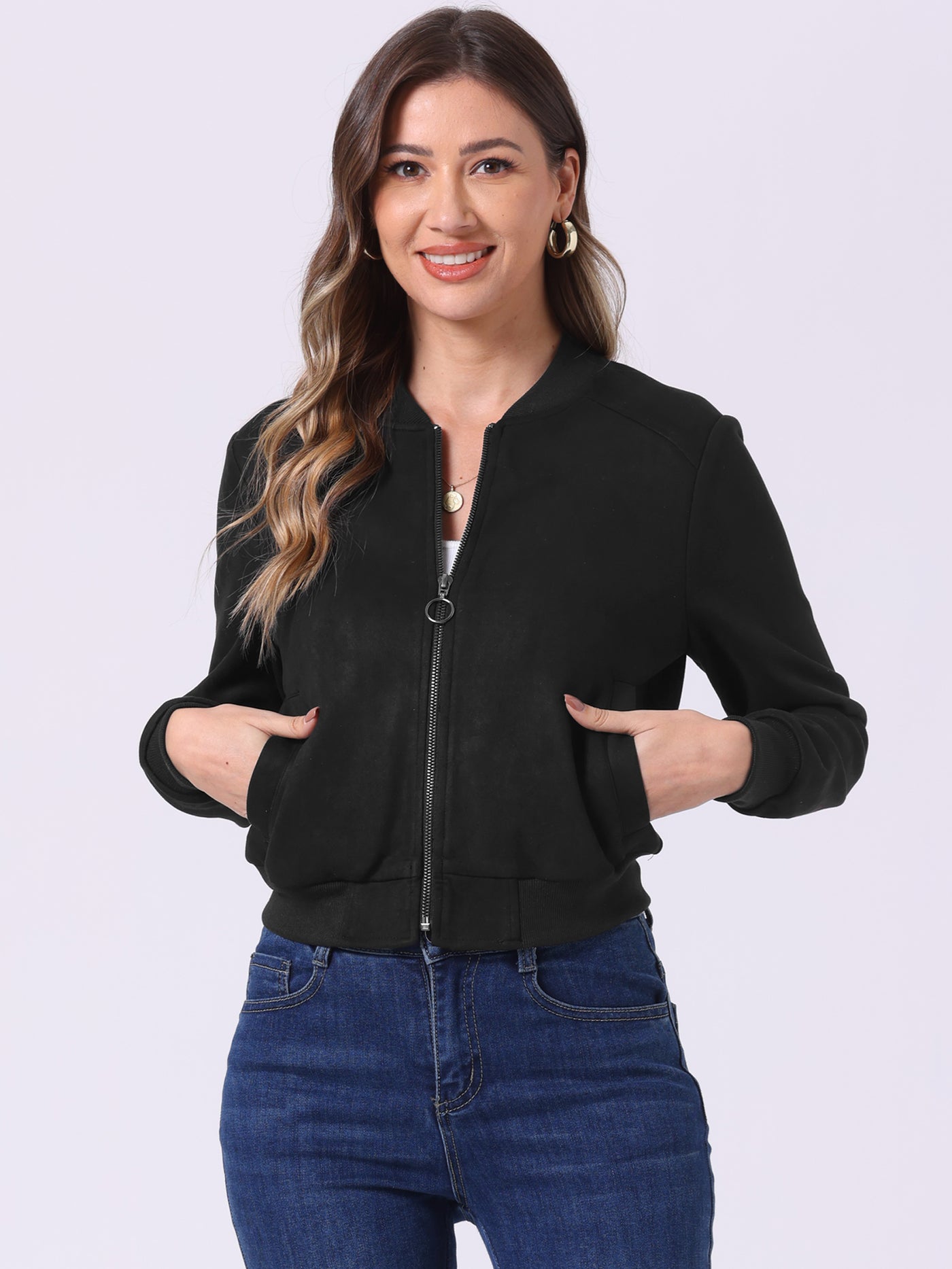 Allegra K Faux Suede Crop Stand Collar Zip Up Biker Moto Bomber Jackets