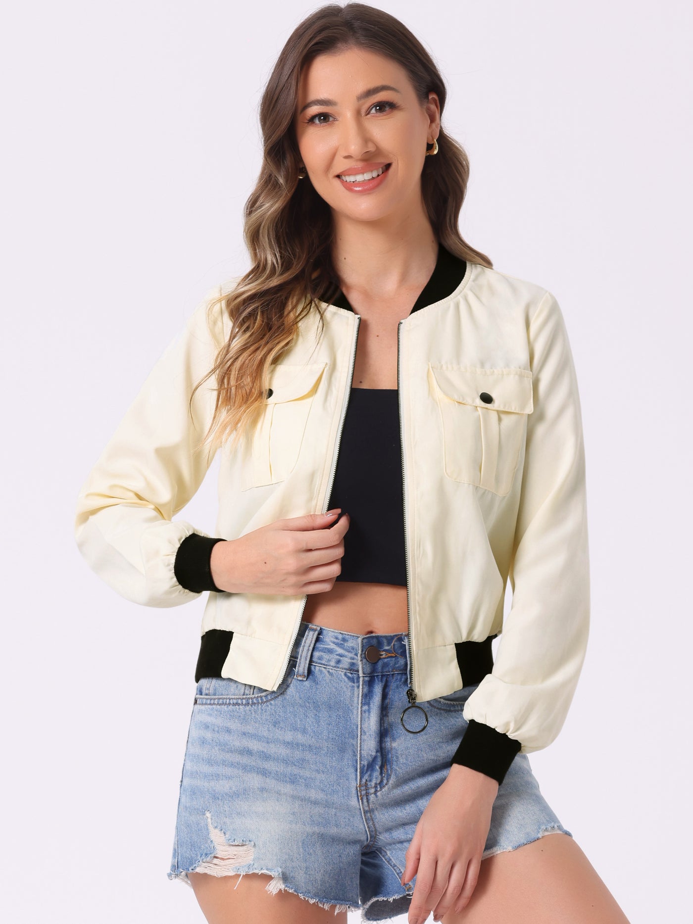 Allegra K Zip Up Bomber Jacket Long Sleeve Casual Motor Biker Coat