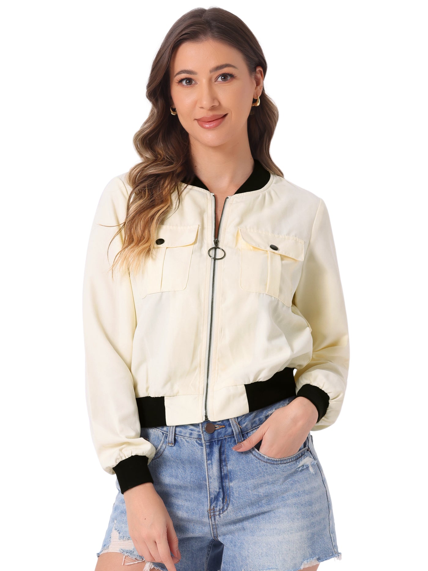 Allegra K Zip Up Bomber Jacket Long Sleeve Casual Motor Biker Coat