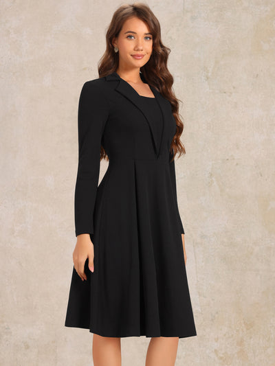 Elegant Office Square Neck Long Sleeve Pleated A-line Dress