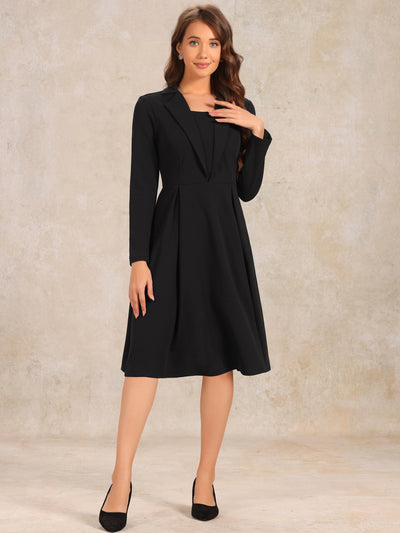 Elegant Office Square Neck Long Sleeve Pleated A-line Dress