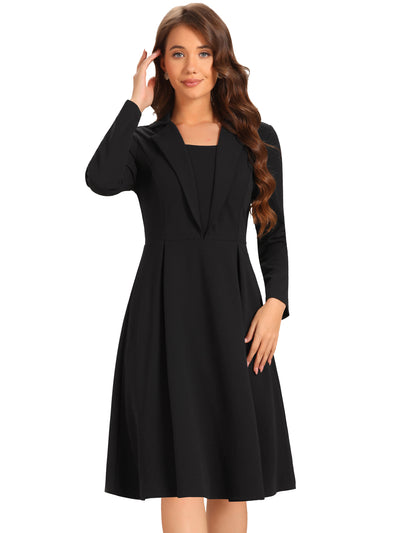 Elegant Office Square Neck Long Sleeve Pleated A-line Dress