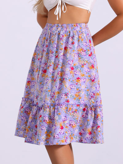 Ruffle Hem Elastic Waist Flowy A-Line Swing Floral Midi Skirt