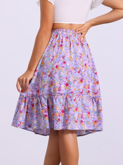 Ruffle Hem Elastic Waist Flowy A-Line Swing Floral Midi Skirt