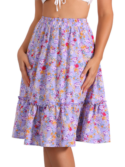 Ruffle Hem Elastic Waist Flowy A-Line Swing Floral Midi Skirt