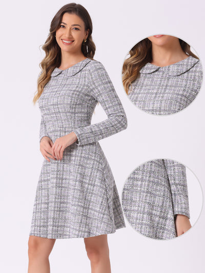 Retro Tweed Plaid Grid Peter Pan Collar Long Sleeve A-line Dress