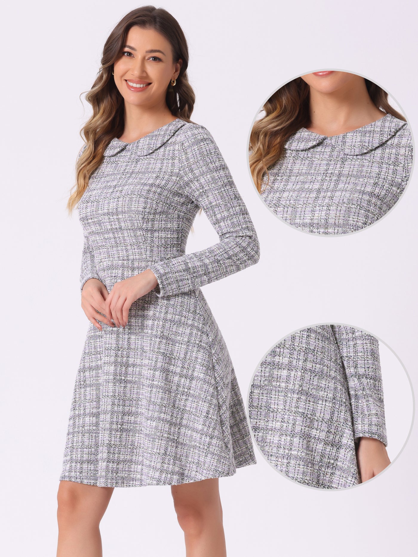 Allegra K Retro Tweed Plaid Grid Peter Pan Collar Long Sleeve A-line Dress