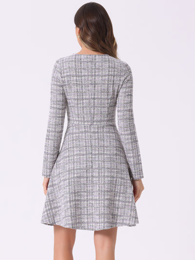 Retro Tweed Plaid Grid Peter Pan Collar Long Sleeve A-line Dress