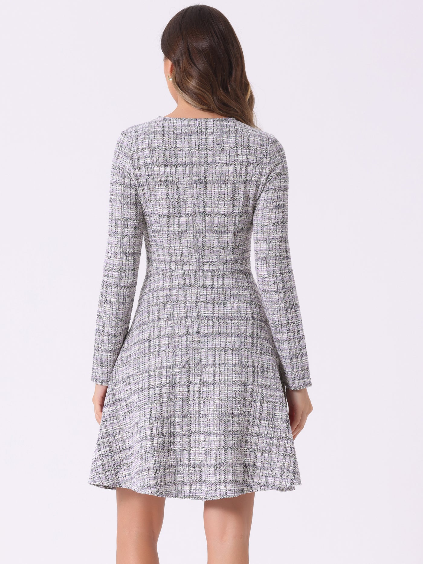 Allegra K Retro Tweed Plaid Grid Peter Pan Collar Long Sleeve A-line Dress