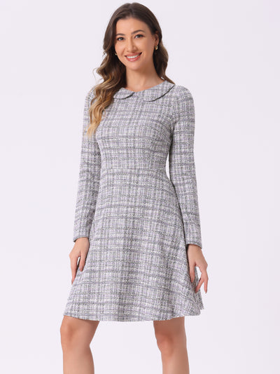 Retro Tweed Plaid Grid Peter Pan Collar Long Sleeve A-line Dress