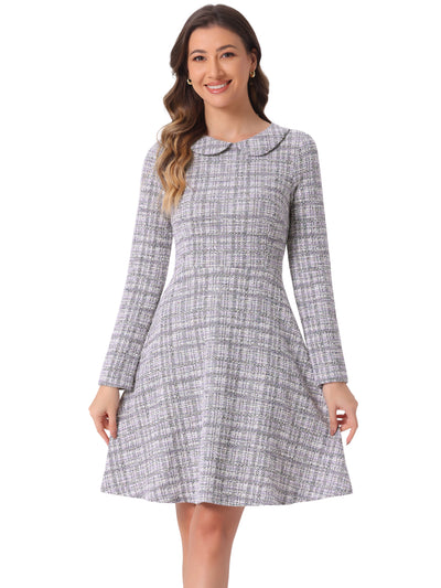 Retro Tweed Plaid Grid Peter Pan Collar Long Sleeve A-line Dress