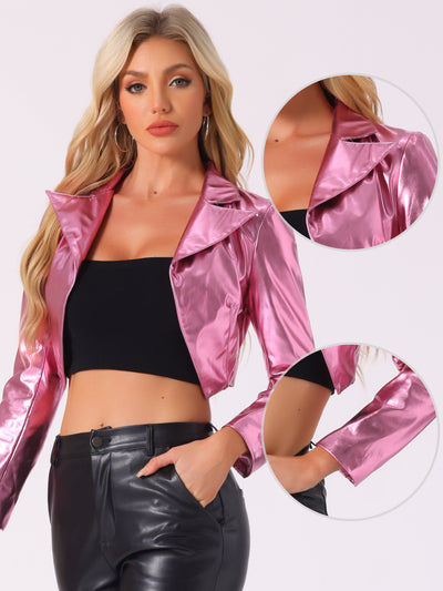 Holographic Long Sleeve Lapel Crop Shiny Party Metallic Jacket