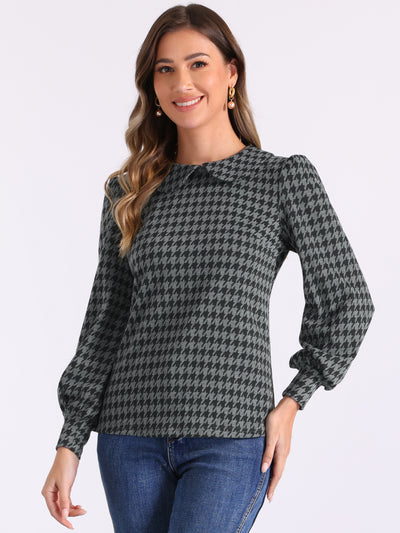 Peter Pan Collar Houndstooth Plaid Long Sleeve Button Back Blouse