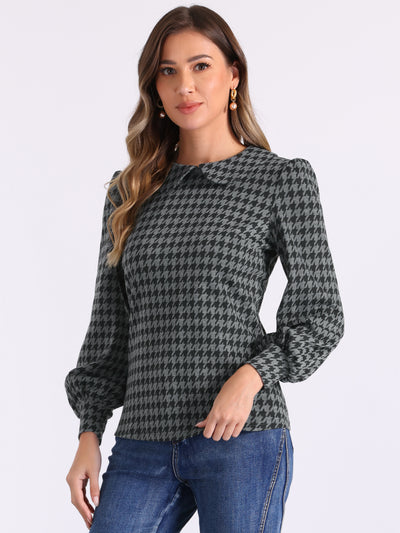 Peter Pan Collar Houndstooth Plaid Long Sleeve Button Back Blouse