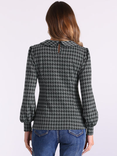 Peter Pan Collar Houndstooth Plaid Long Sleeve Button Back Blouse