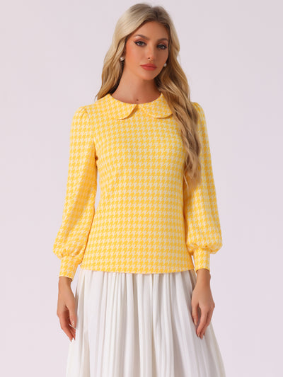 Peter Pan Collar Houndstooth Plaid Long Sleeve Button Back Blouse