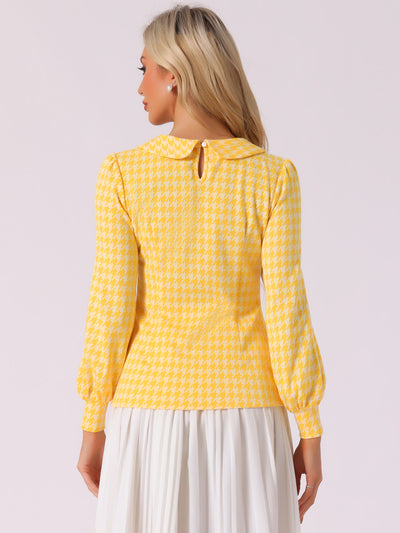 Peter Pan Collar Houndstooth Plaid Long Sleeve Button Back Blouse